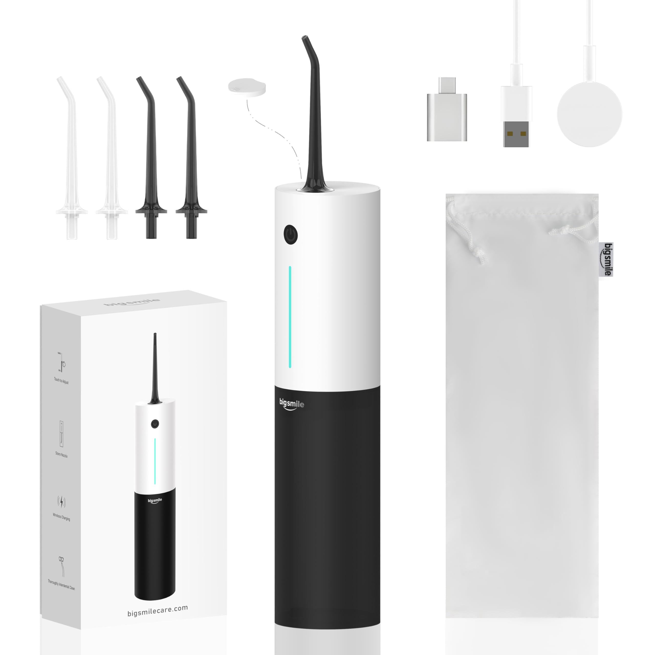 Box contents: flosser, tips, charger, bag