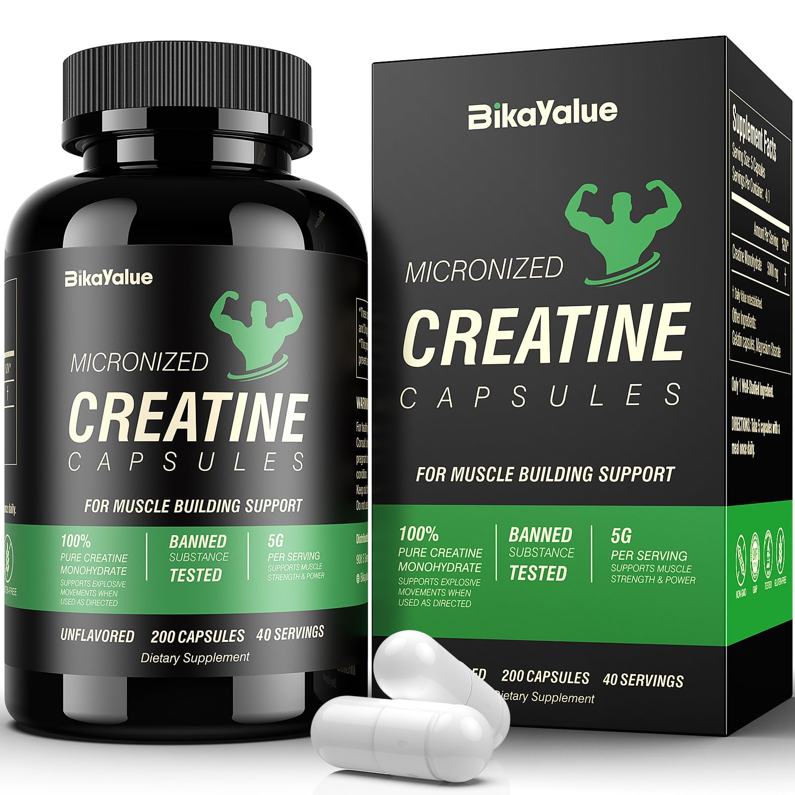 BIKAYALUE Creatine Monohydrate bottle and capsules