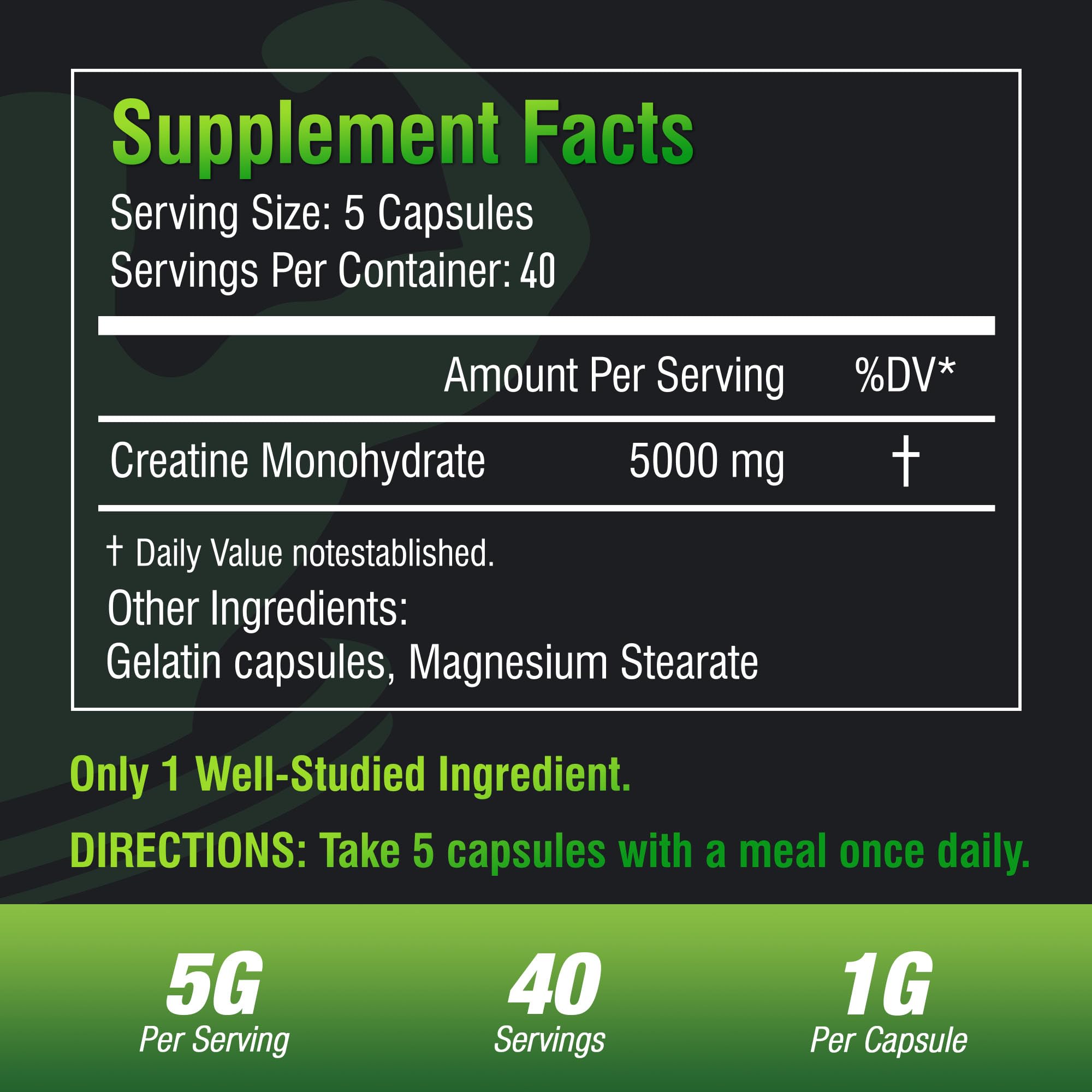 Close-up of 5 capsules representing a 5000mg serving