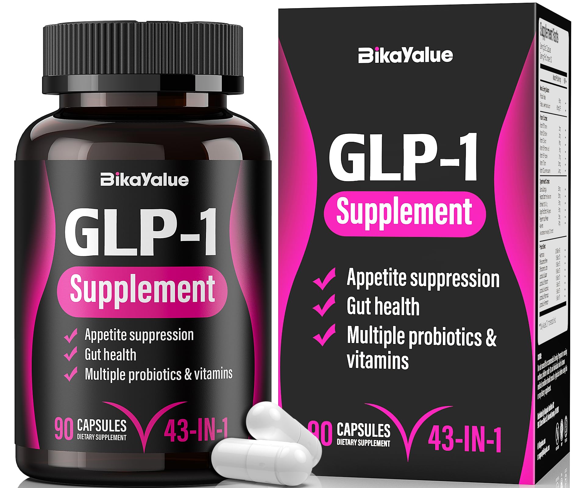Front view of BIKAYALUE GLP-1 supplement bottle with Akkermansia probiotics label