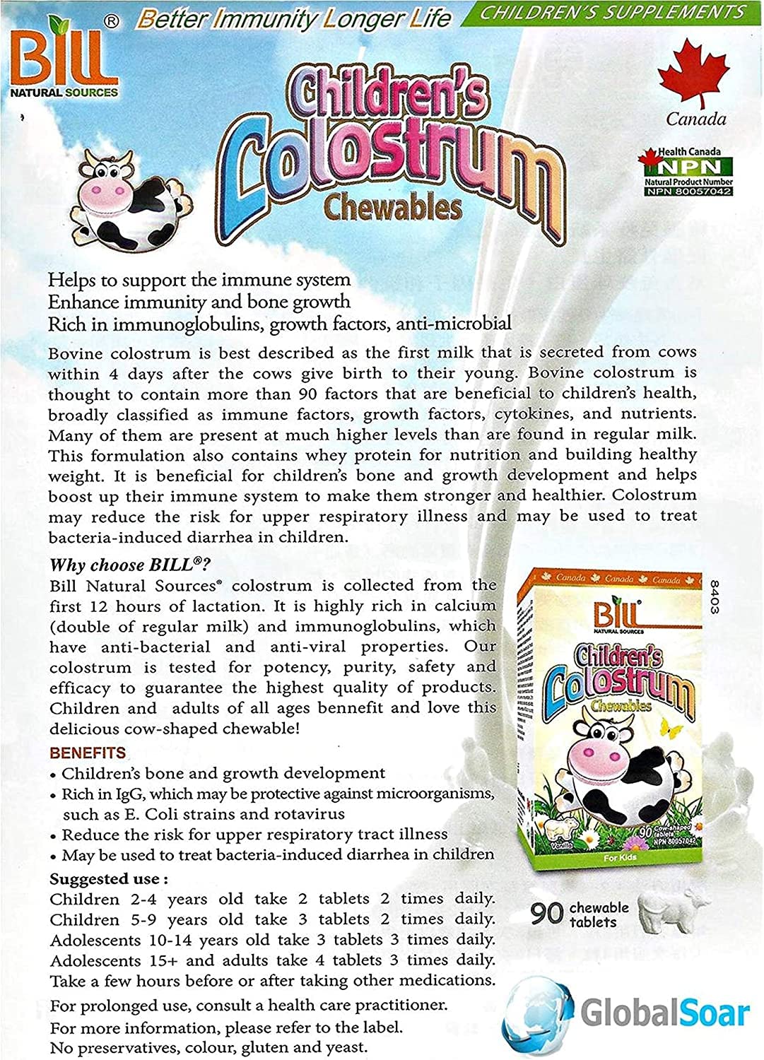 Close-up of product label showing 350 mg bovine colostrum
