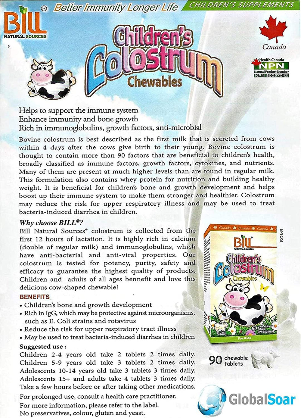Close-up of product label showing 350 mg bovine colostrum