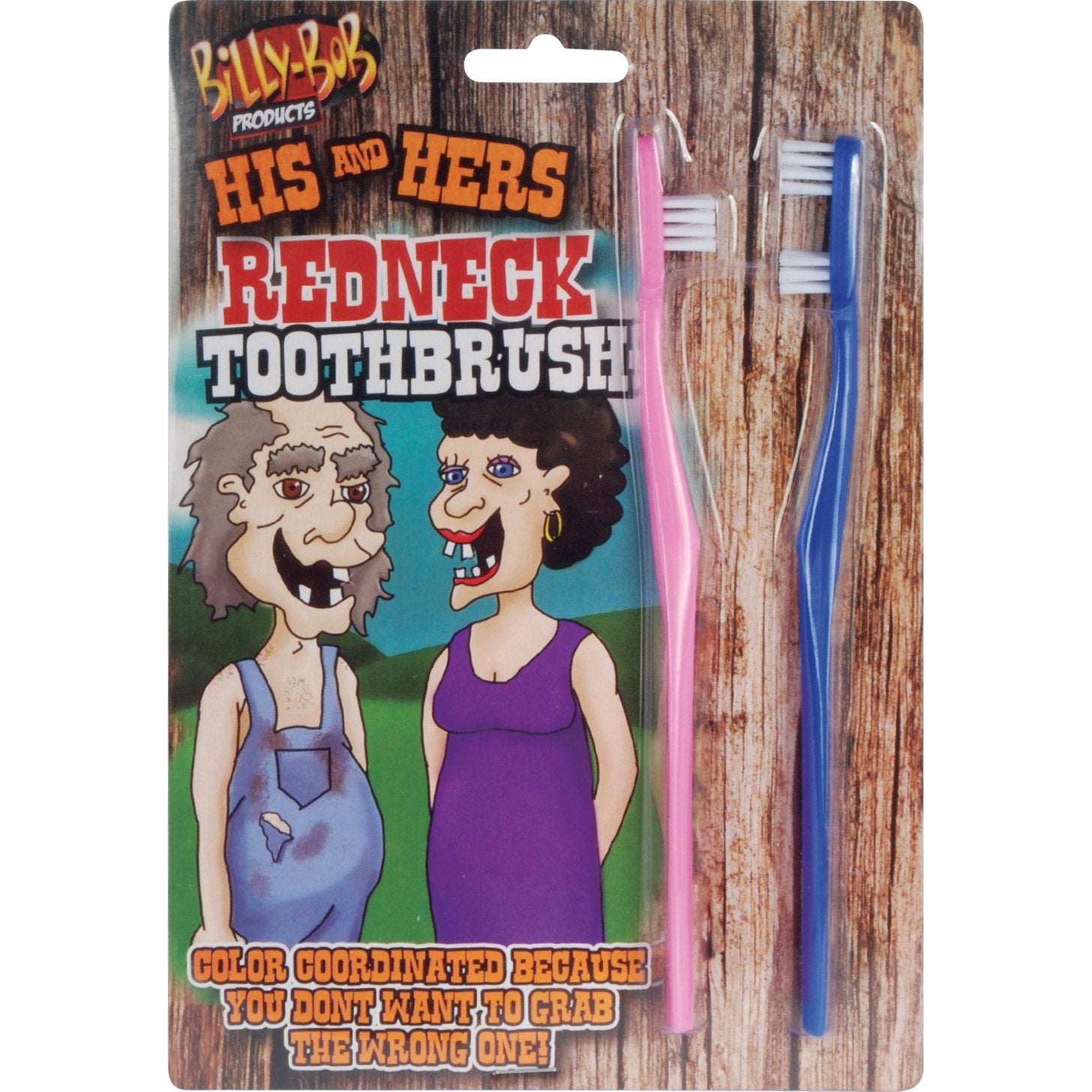 Blue double-bristle toothbrush and pink center-bristle toothbrush for Billy-Bob His and Hers Hillbilly gag gift, 7 inches long.