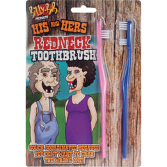 Blue double-bristle toothbrush and pink center-bristle toothbrush for Billy-Bob His and Hers Hillbilly gag gift, 7 inches long.