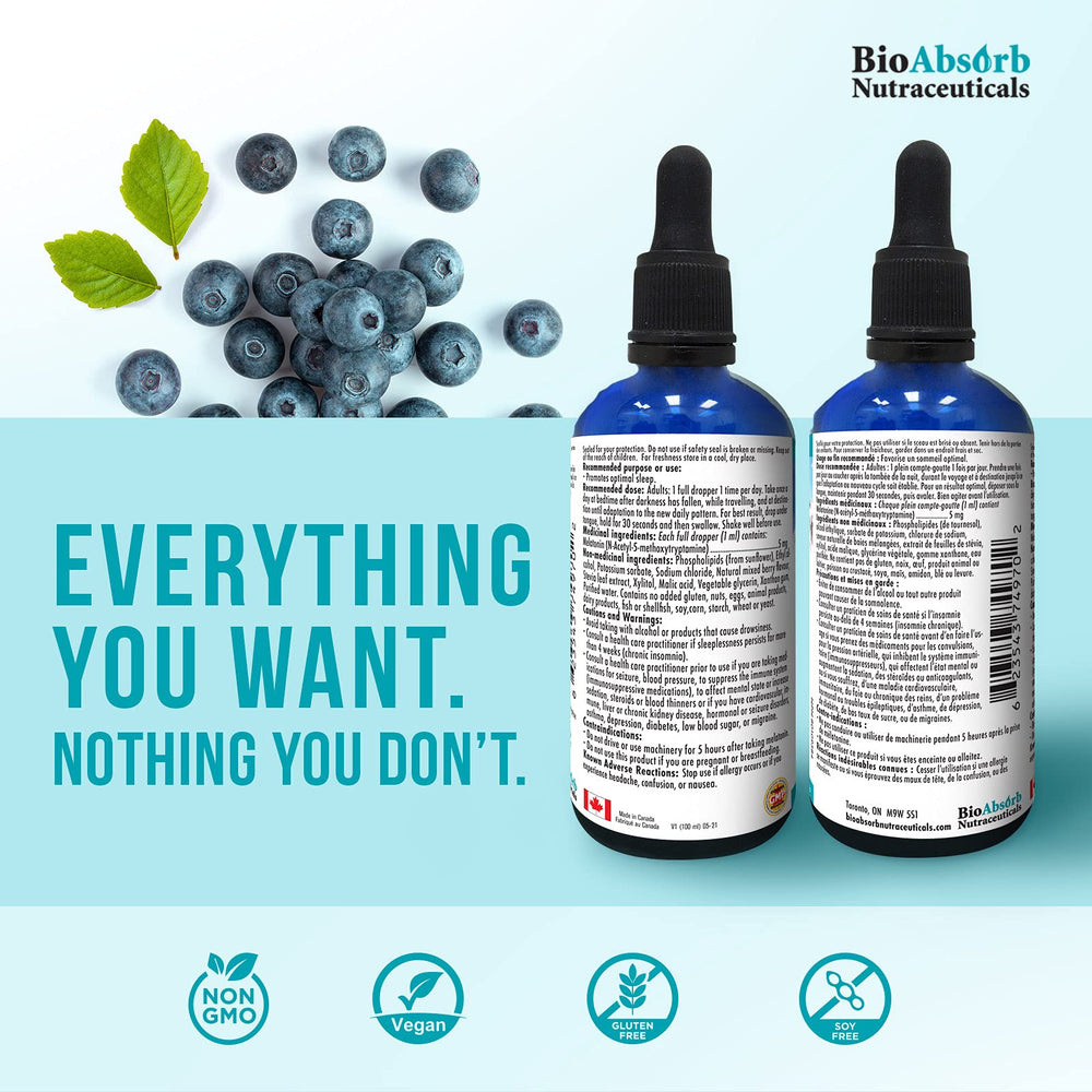 Dropper dispensing 5 mg melatonin from the Berry Drops bottle