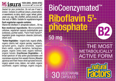 Close-up of Natural Factors label for BioCoenzymated Riboflavin-5'-Phosphate 50mg