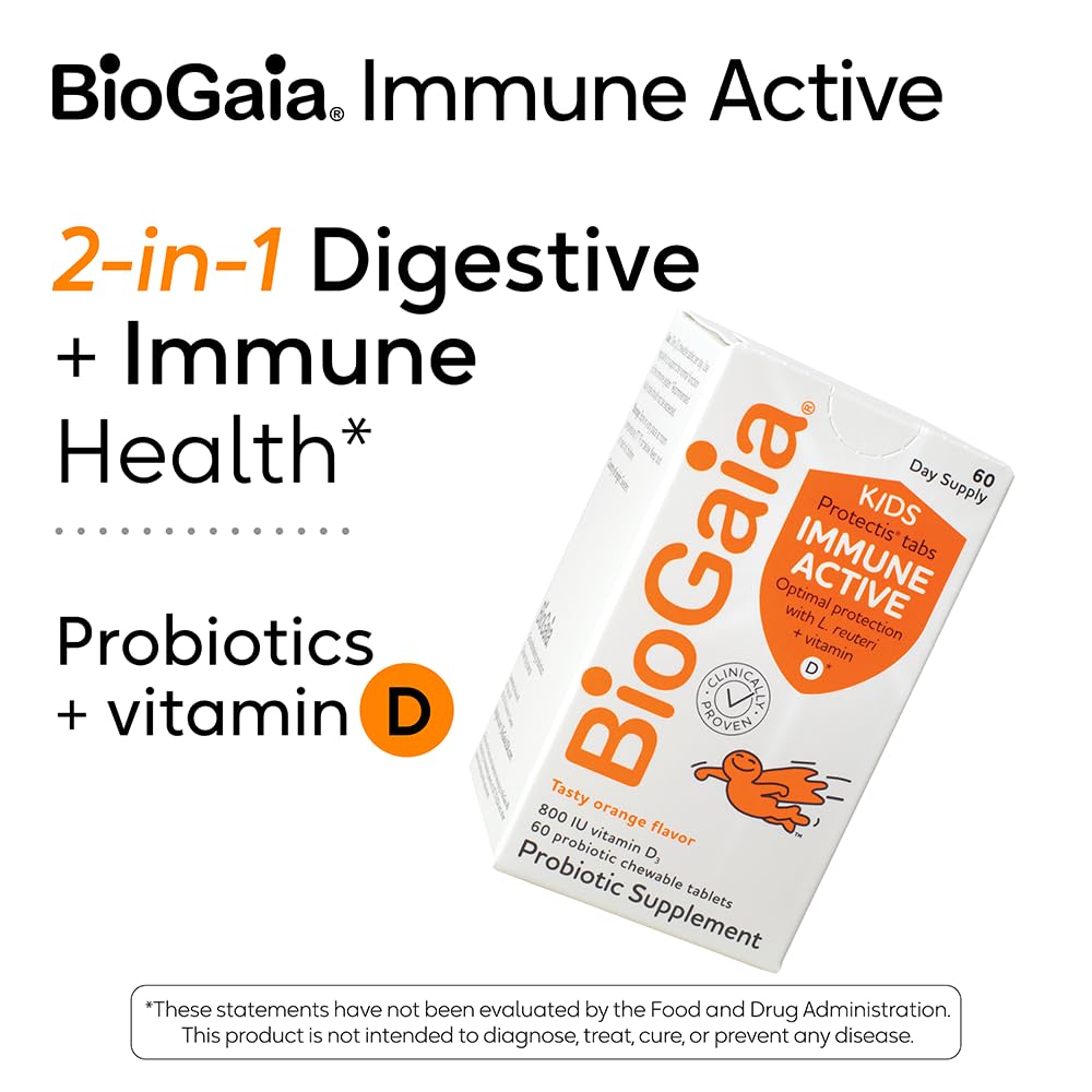 Box and packaging of BioGaia Immune Active Kids probiotic with vitamin D