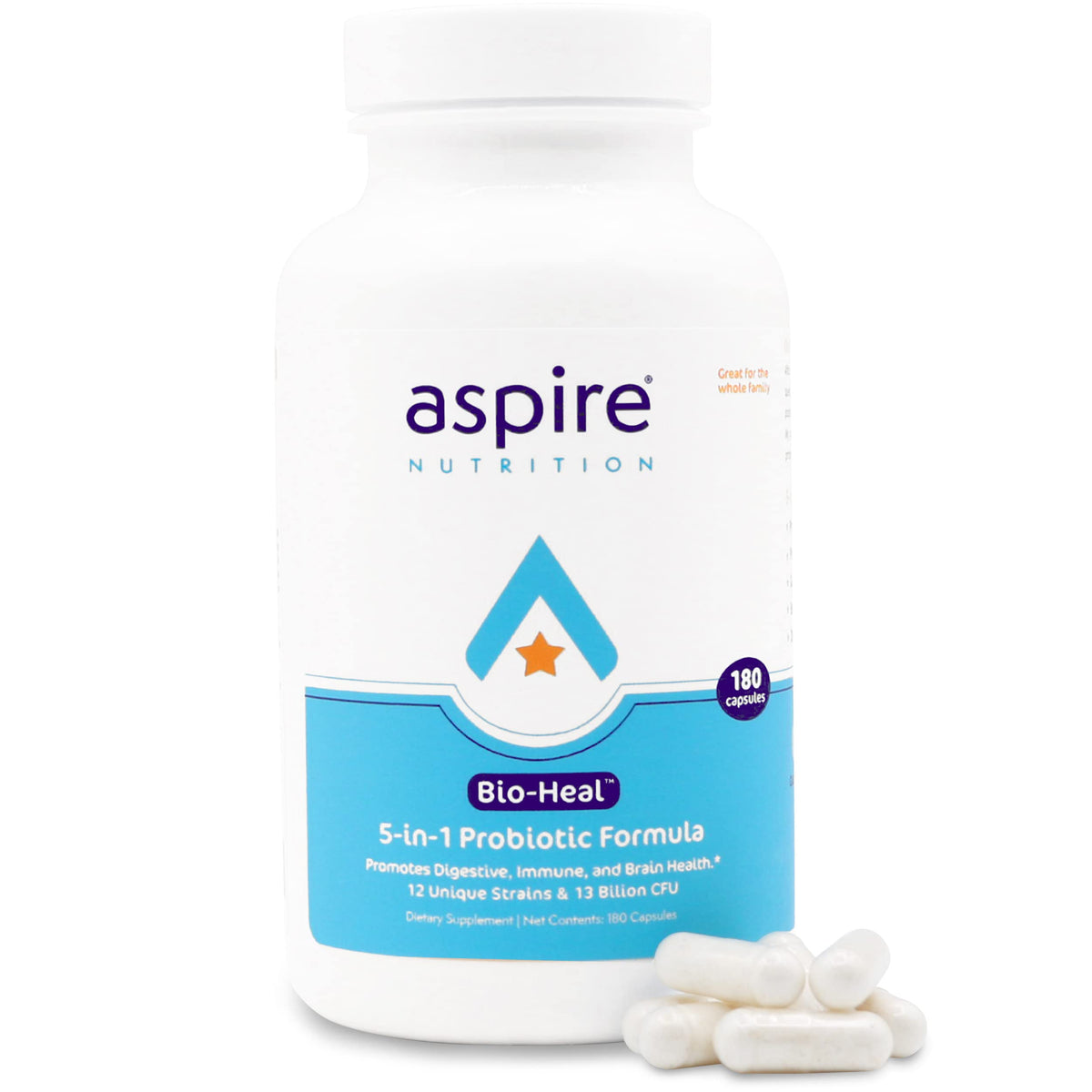 Aspire Nutrition Bio-Heal Probiotic bottle showing 60 servings