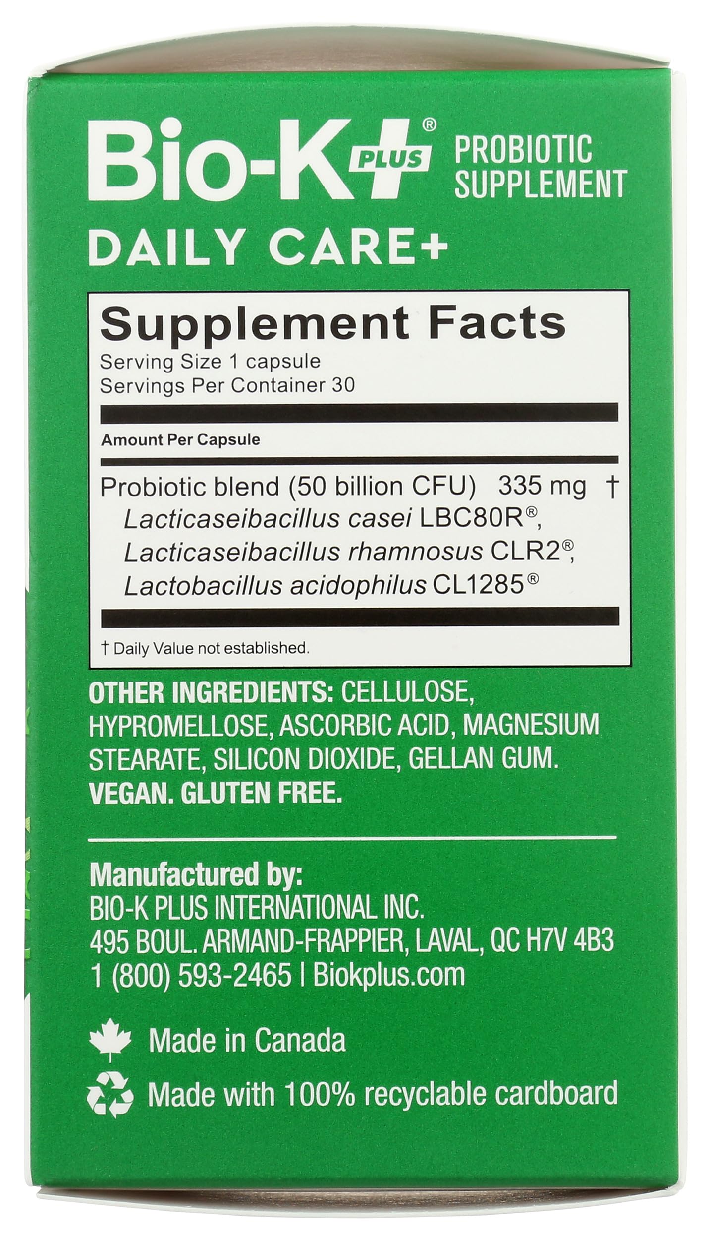 Nutritional facts panel of Bio-K Plus DailyCare