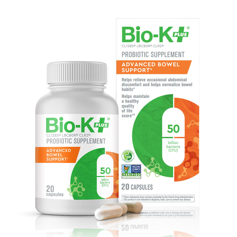 Bottle of Bio-K+ Advanced Bowel Support probiotic capsules