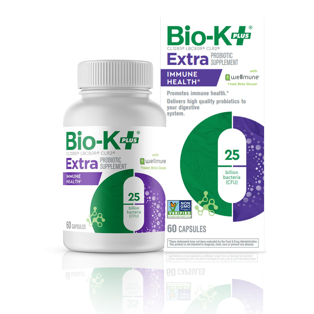 Bio-K+ Extra Immune Health bottle with Wellmune label