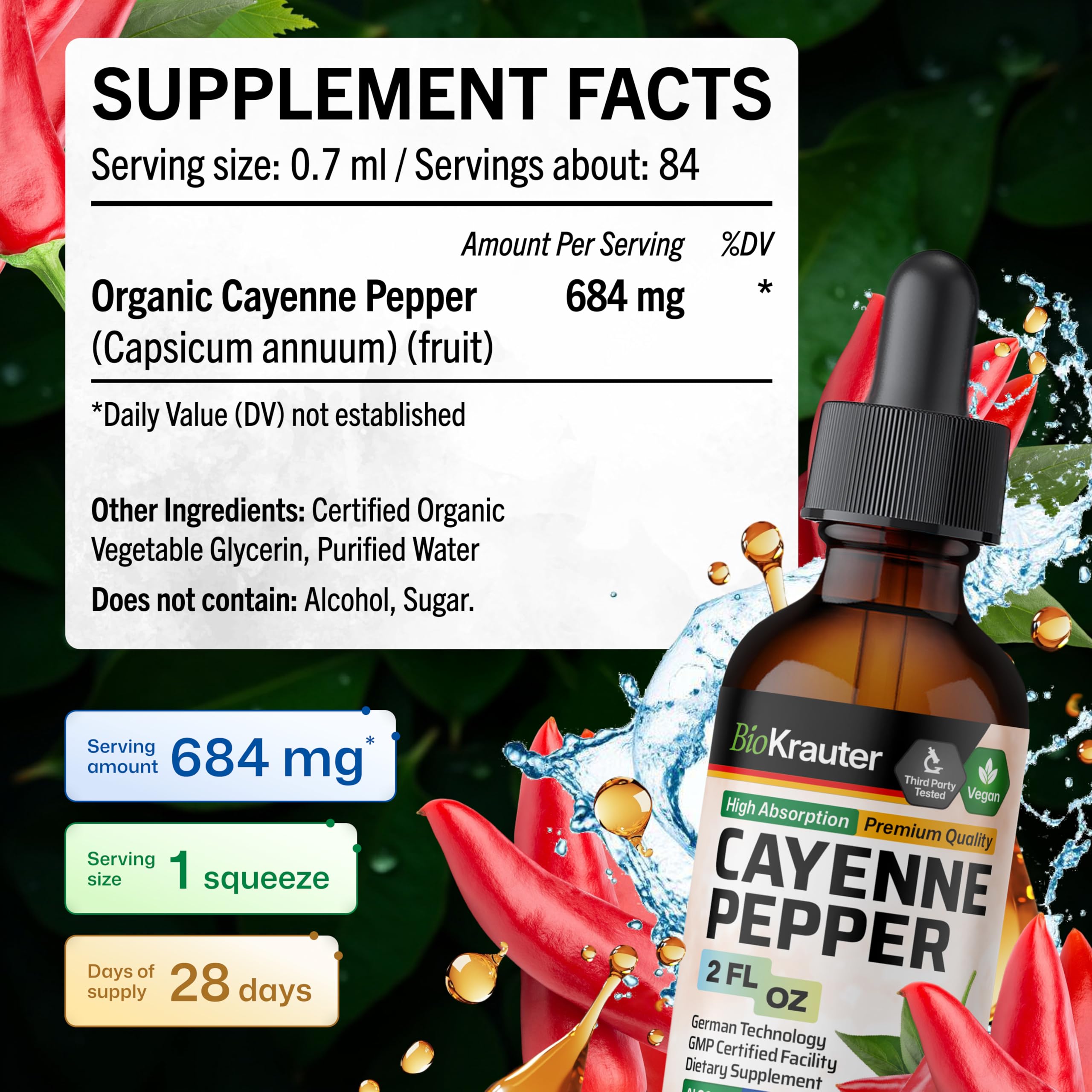 Two-ounce bottle of cayenne pepper drops with packaging on white background