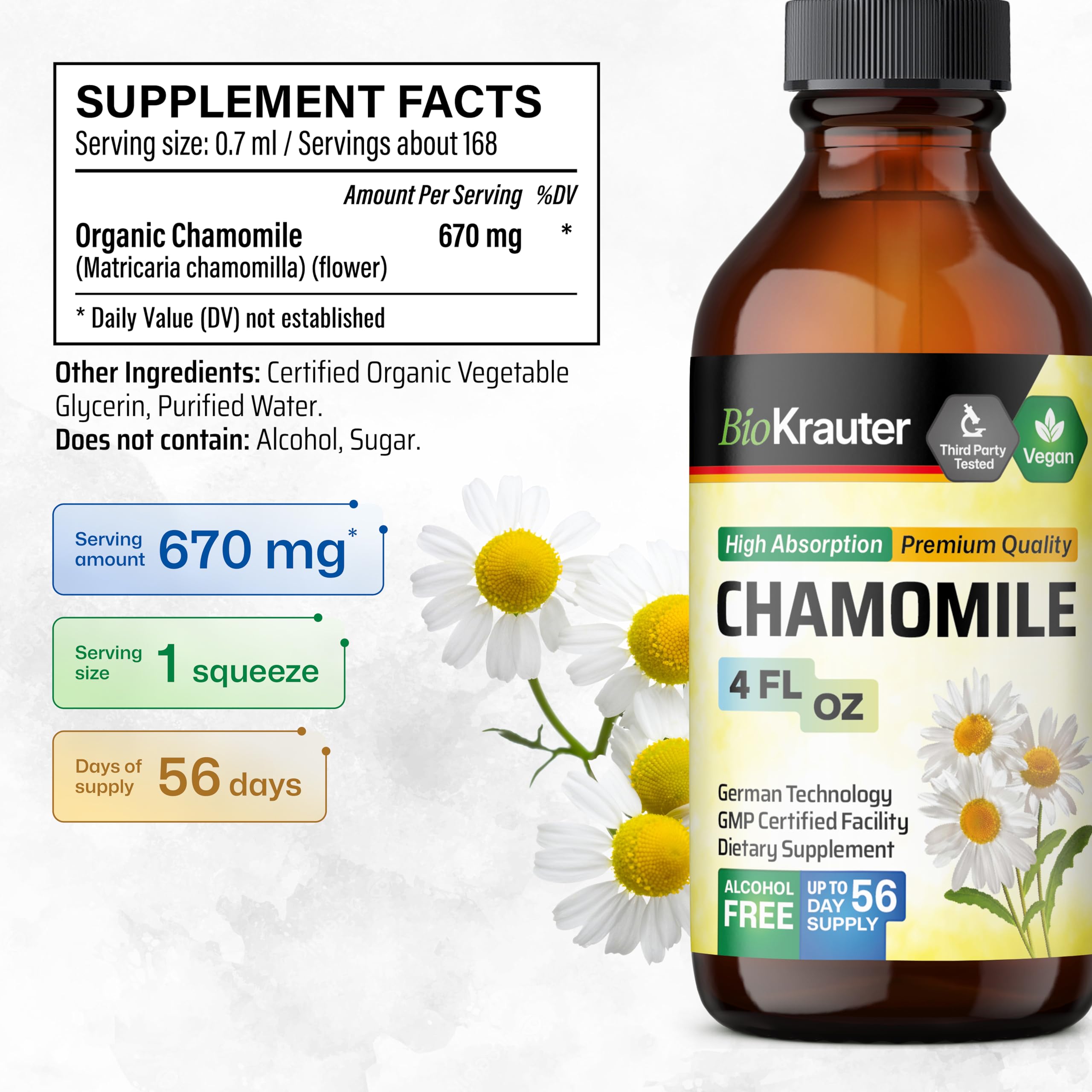 Glycerin-based chamomile tincture showing bottle and dropper