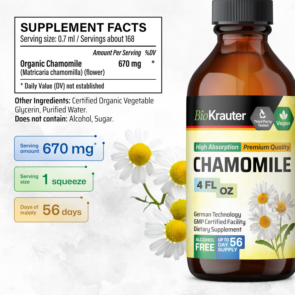 Glycerin-based chamomile tincture showing bottle and dropper