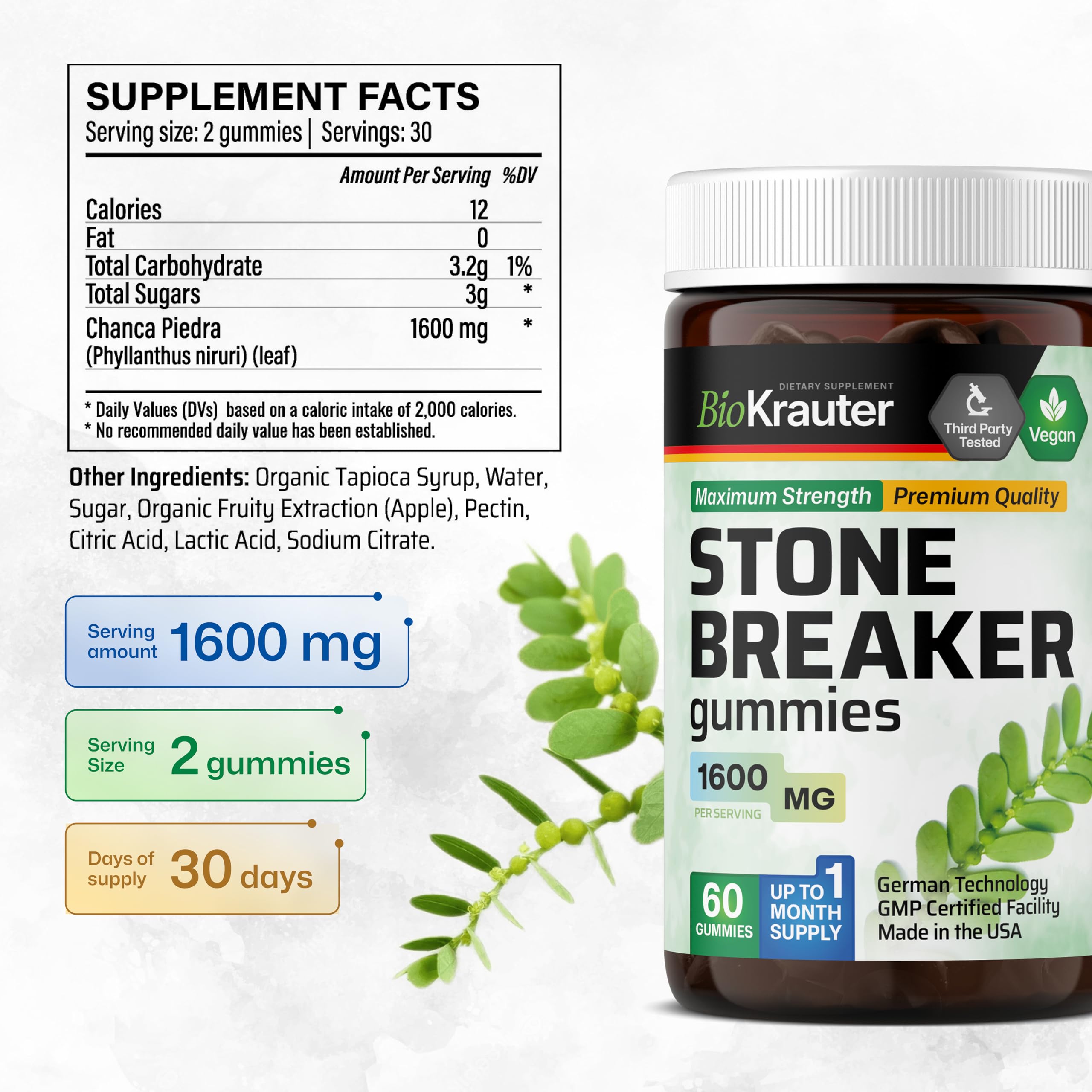 BIO KRAUTER gummies non-GMO label closeup signals natural, additive-free option.
