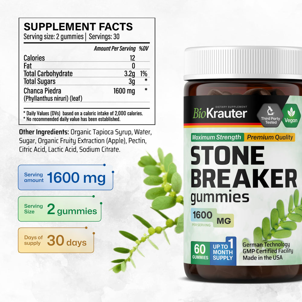 BIO KRAUTER gummies non-GMO label closeup signals natural, additive-free option.