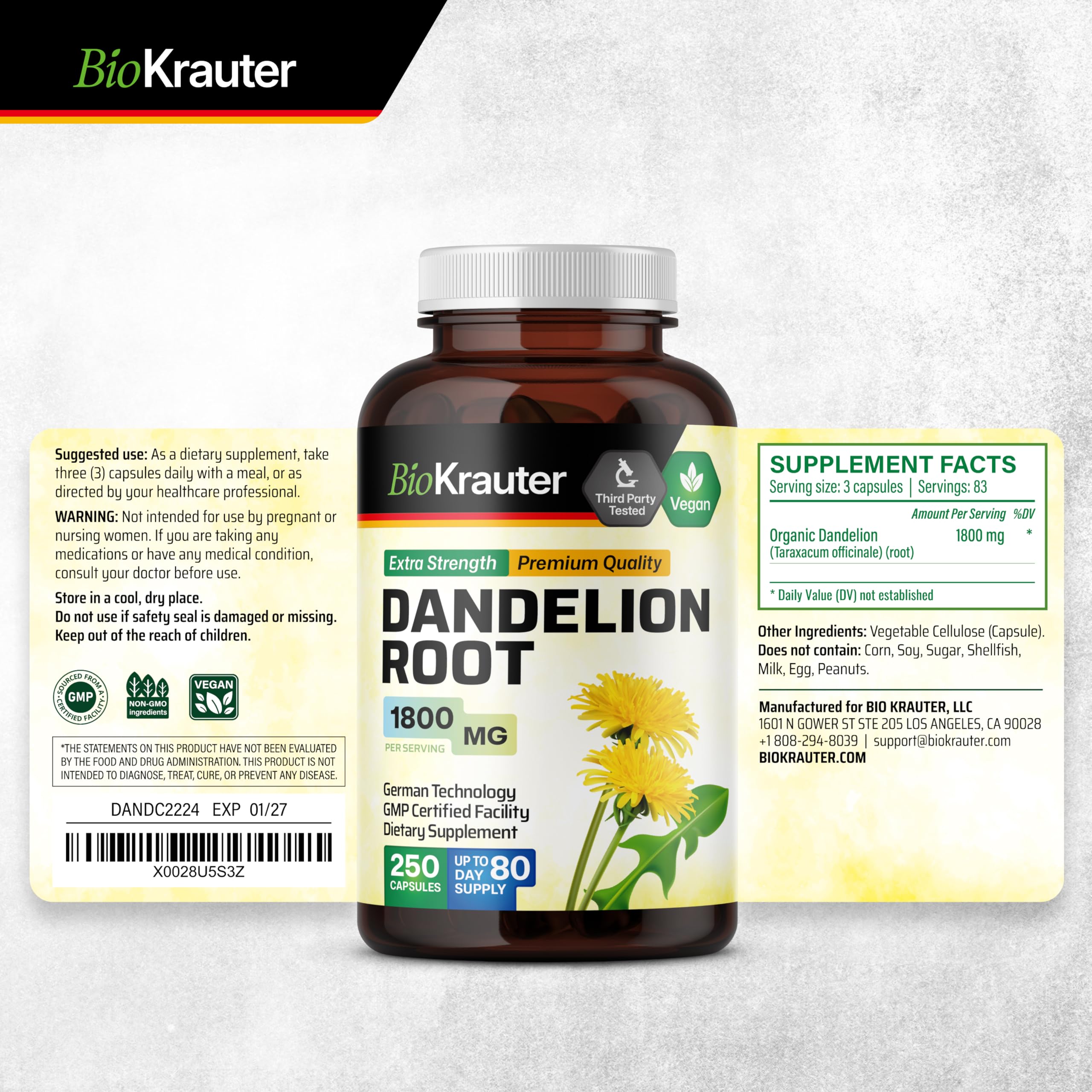Non-GMO dandelion root supplement in plant-based capsules