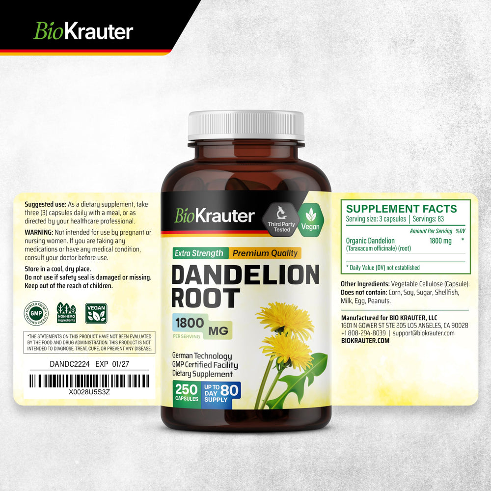 Non-GMO dandelion root supplement in plant-based capsules