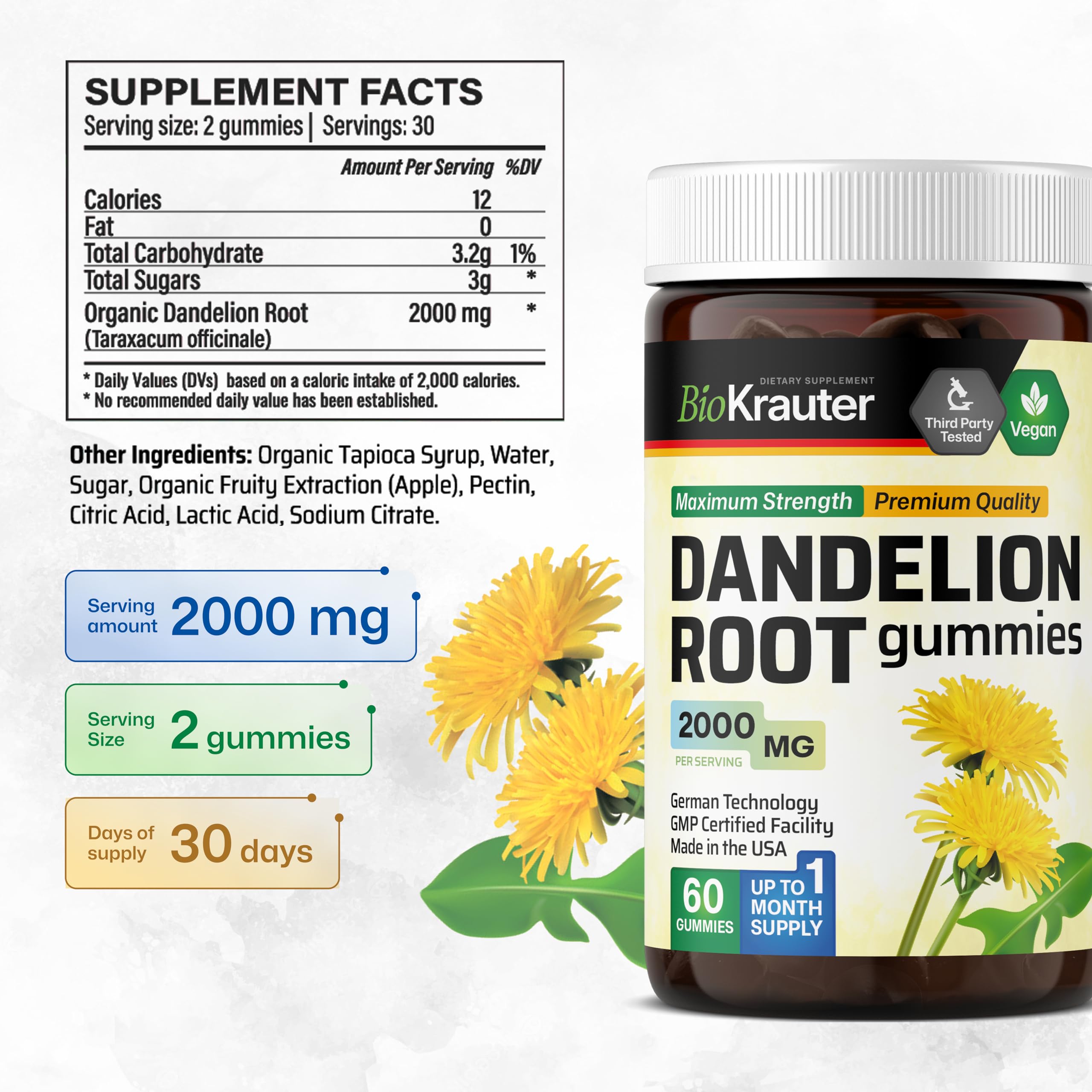 BIO KRAUTER Dandelion Root Gummies apple-flavor closeup showcasing natural apple taste
