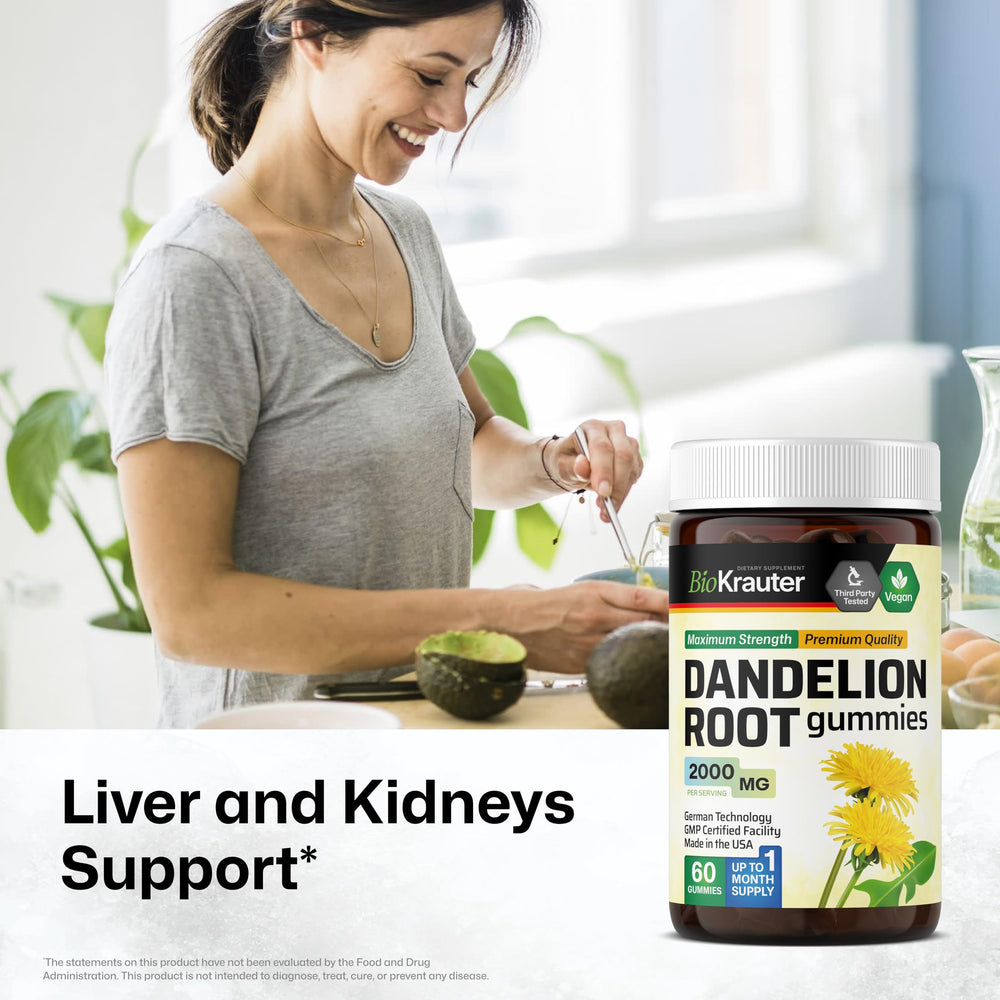 BIO KRAUTER Dandelion Root Gummies bottle-side view highlighting a 60-count package for routine detox