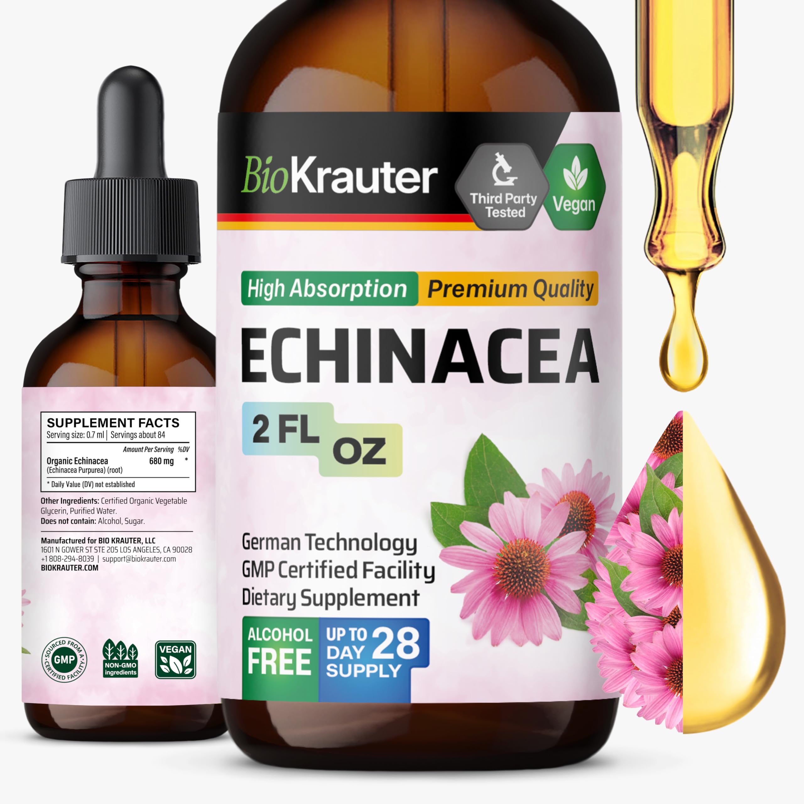 BIO KRAUTER Echinacea Tincture bottle with dropper on white background