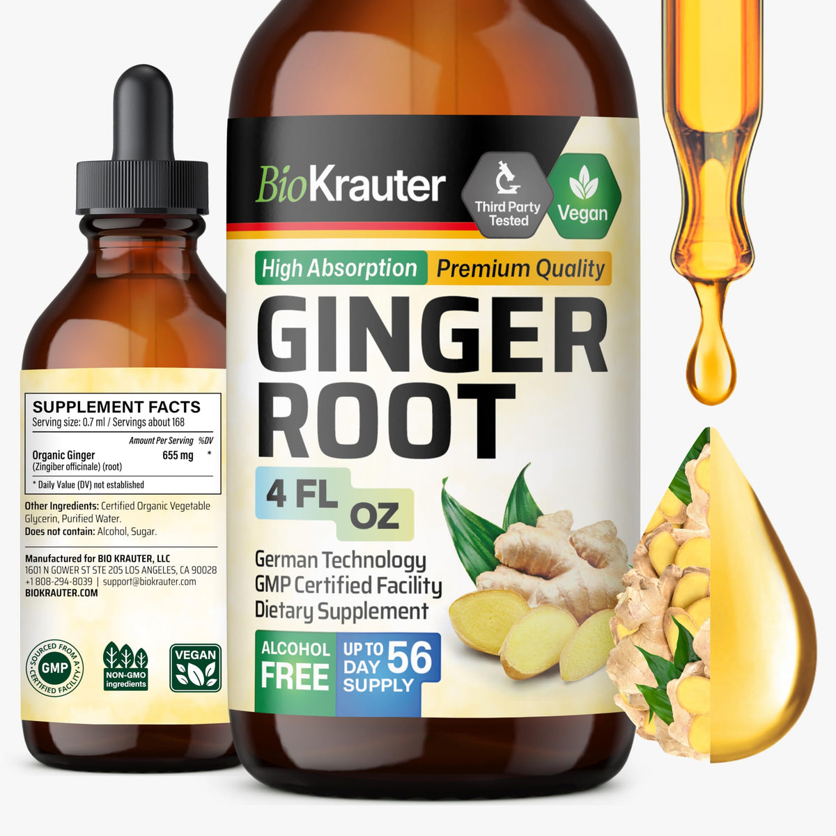 BIO KRAUTER Ginger Root Extract bottle and dropper on white background