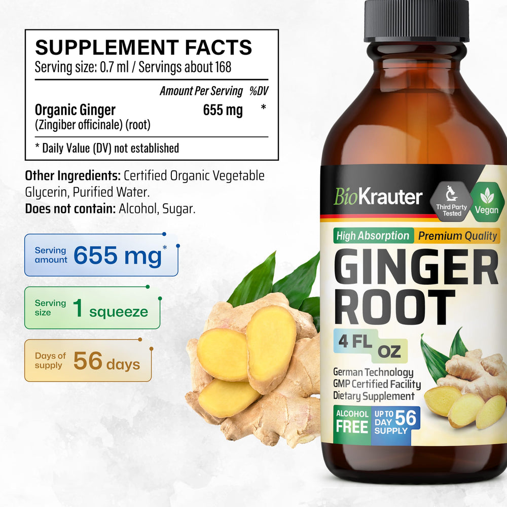 Vegan, alcohol-free ginger supplement label on bottle