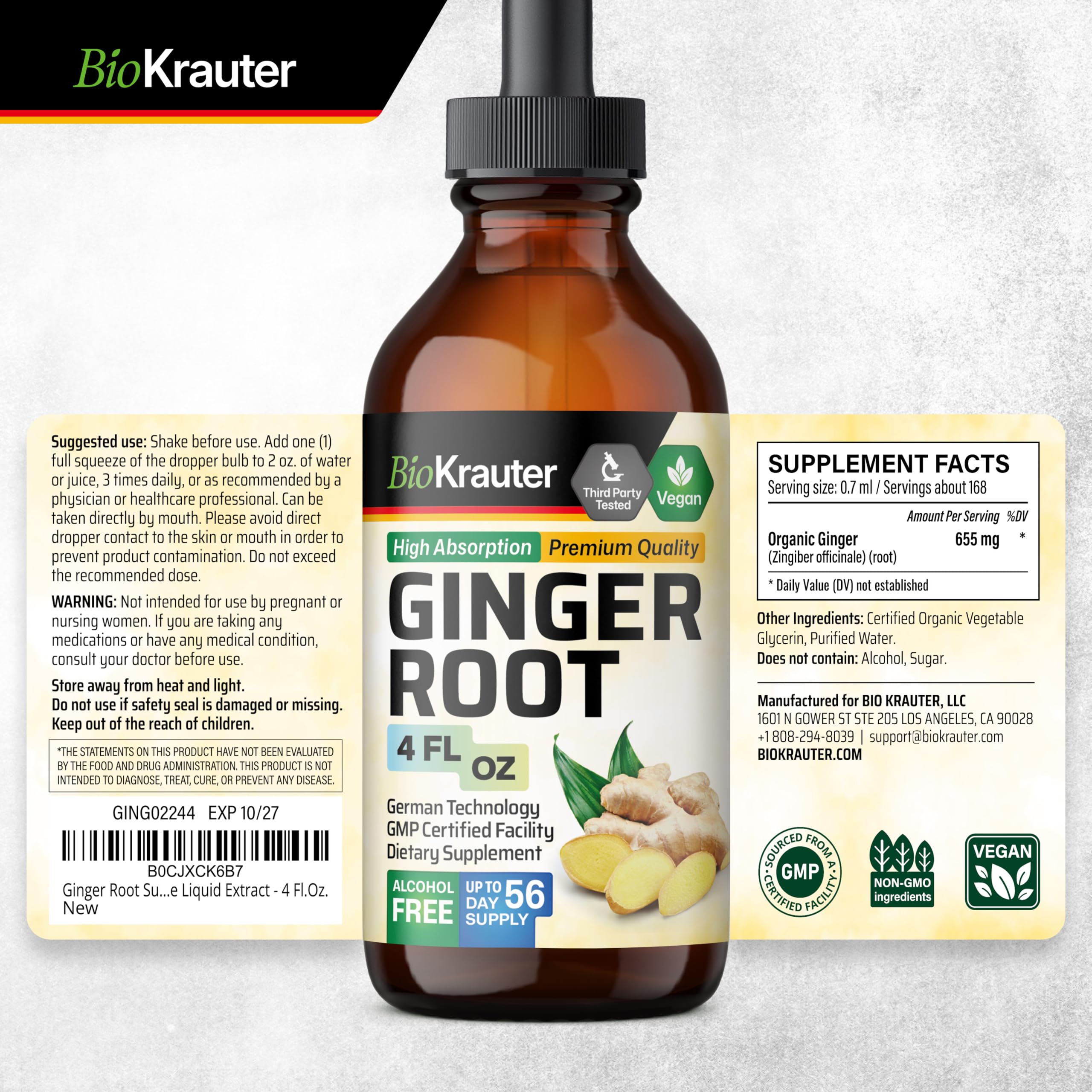 4 fl oz bottle of BIO KRAUTER Ginger Root Extract on white surface