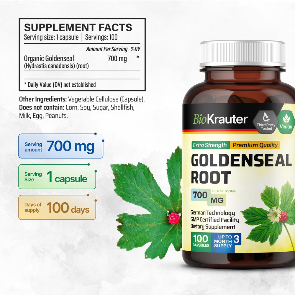 Goldenseal root powder capsules arranged side by side