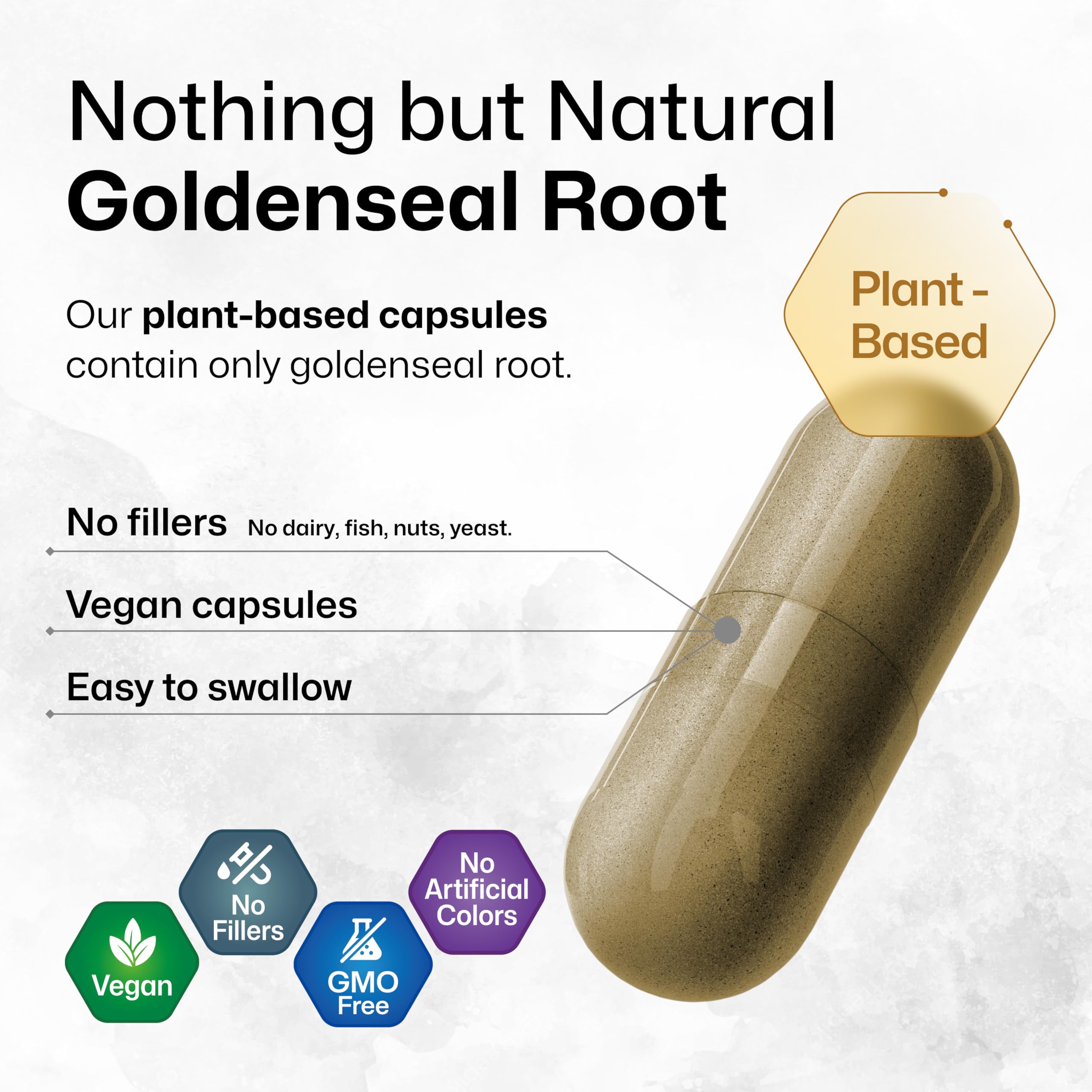 Label highlighting GMO-free and no fillers for Goldenseal capsules