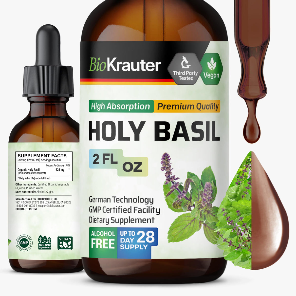 BIO KRAUTER Holy Basil Tincture bottle with dropper
