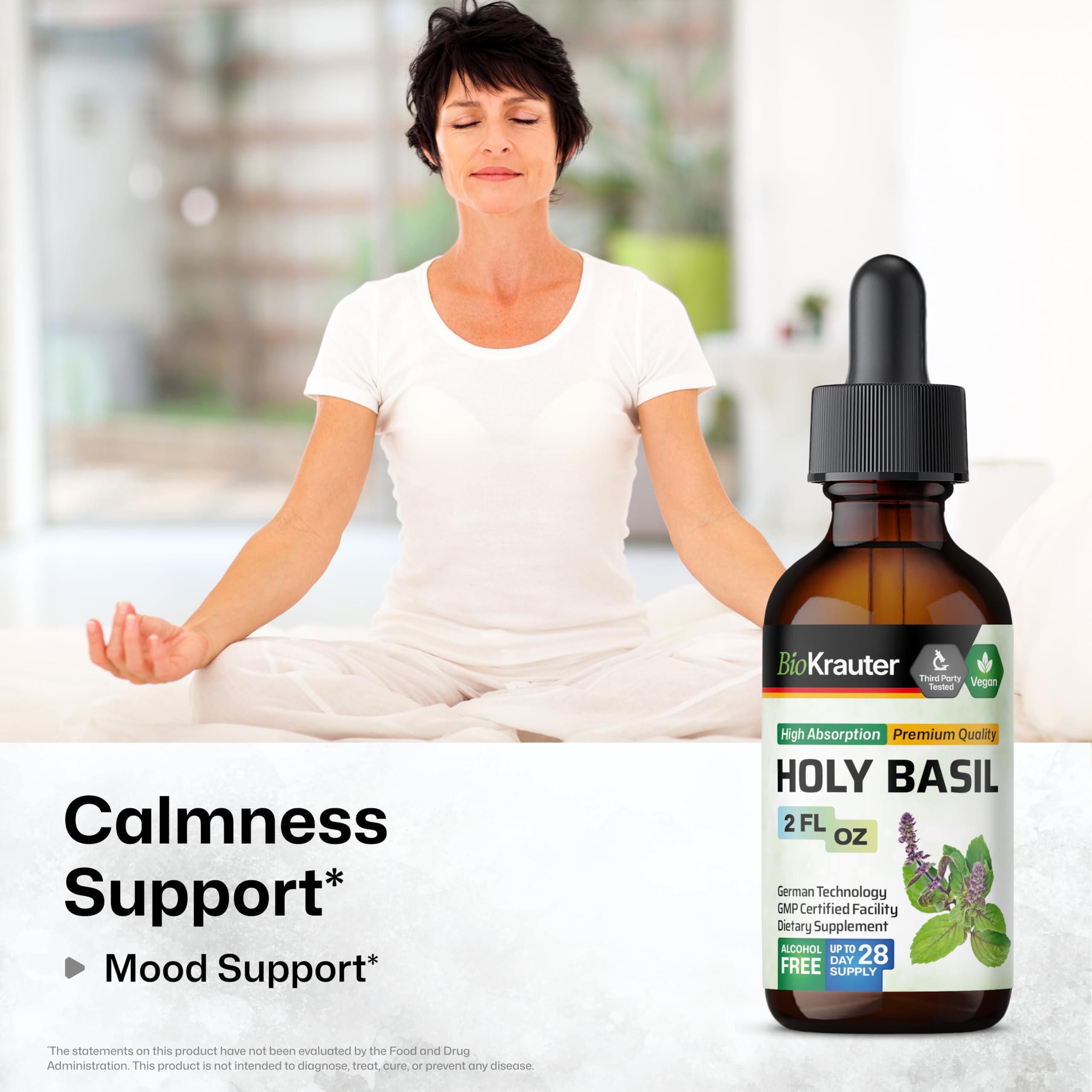 Close-up of holy basil tincture droplets in glass dropper