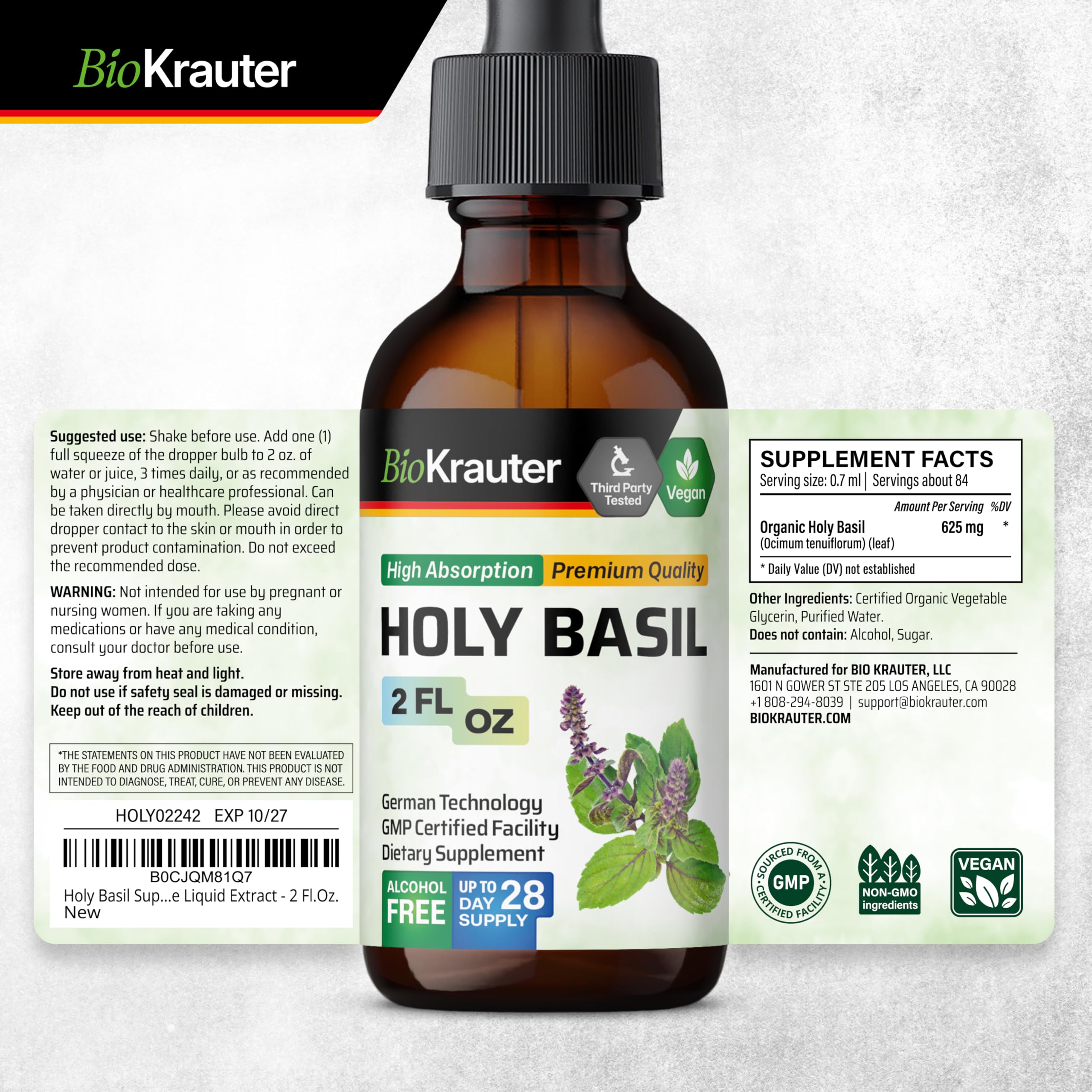 BIO KRAUTER Holy Basil Tincture bottle with dropper and packaging