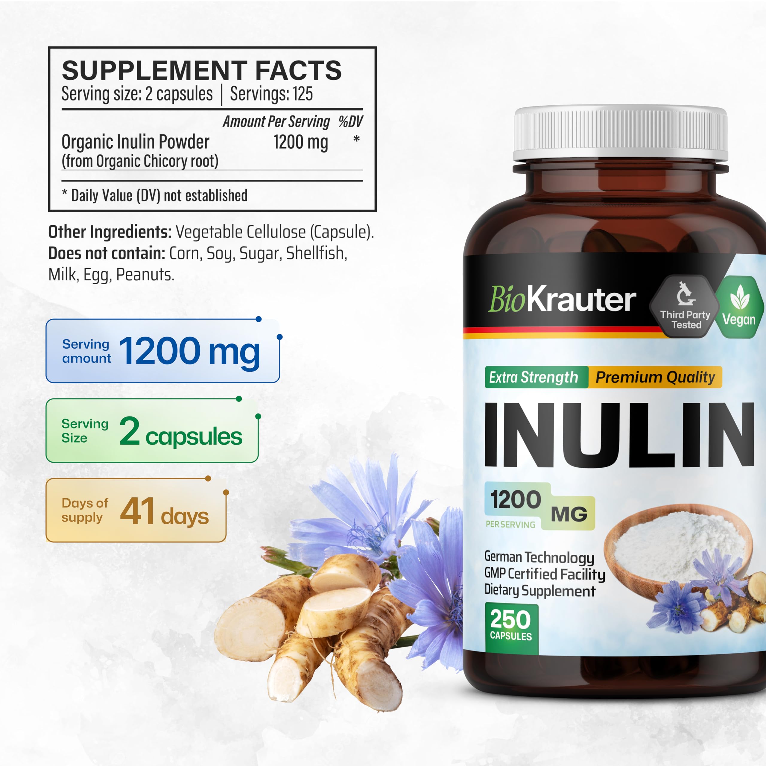 Close-up of BIO KRAUTER Inulin Capsules showing 1200 mg