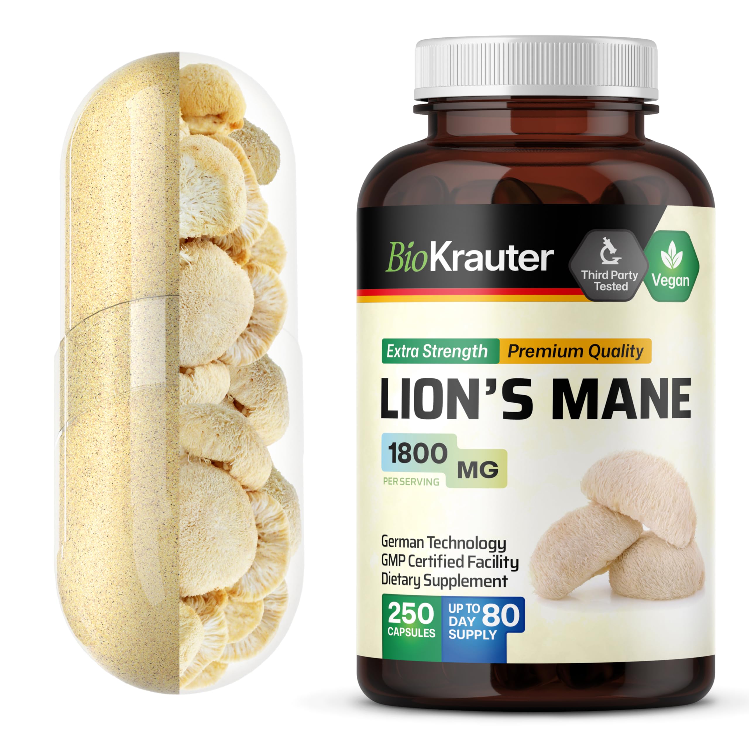 BIO KRAUTER Lions Mane capsules bottle with 250-count packaging