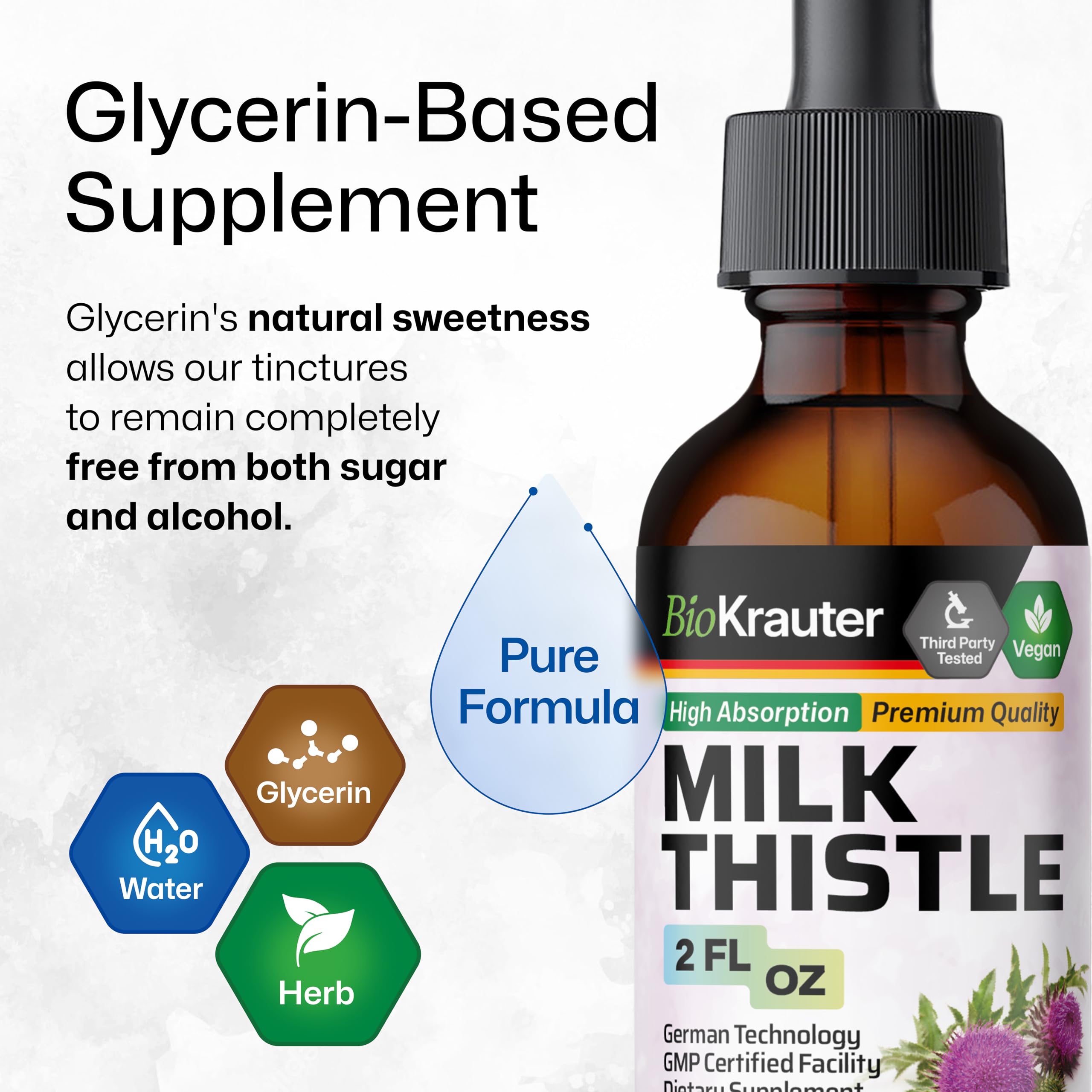 Illustration of ingredients: water, glycerin, and milk thistle seed extract