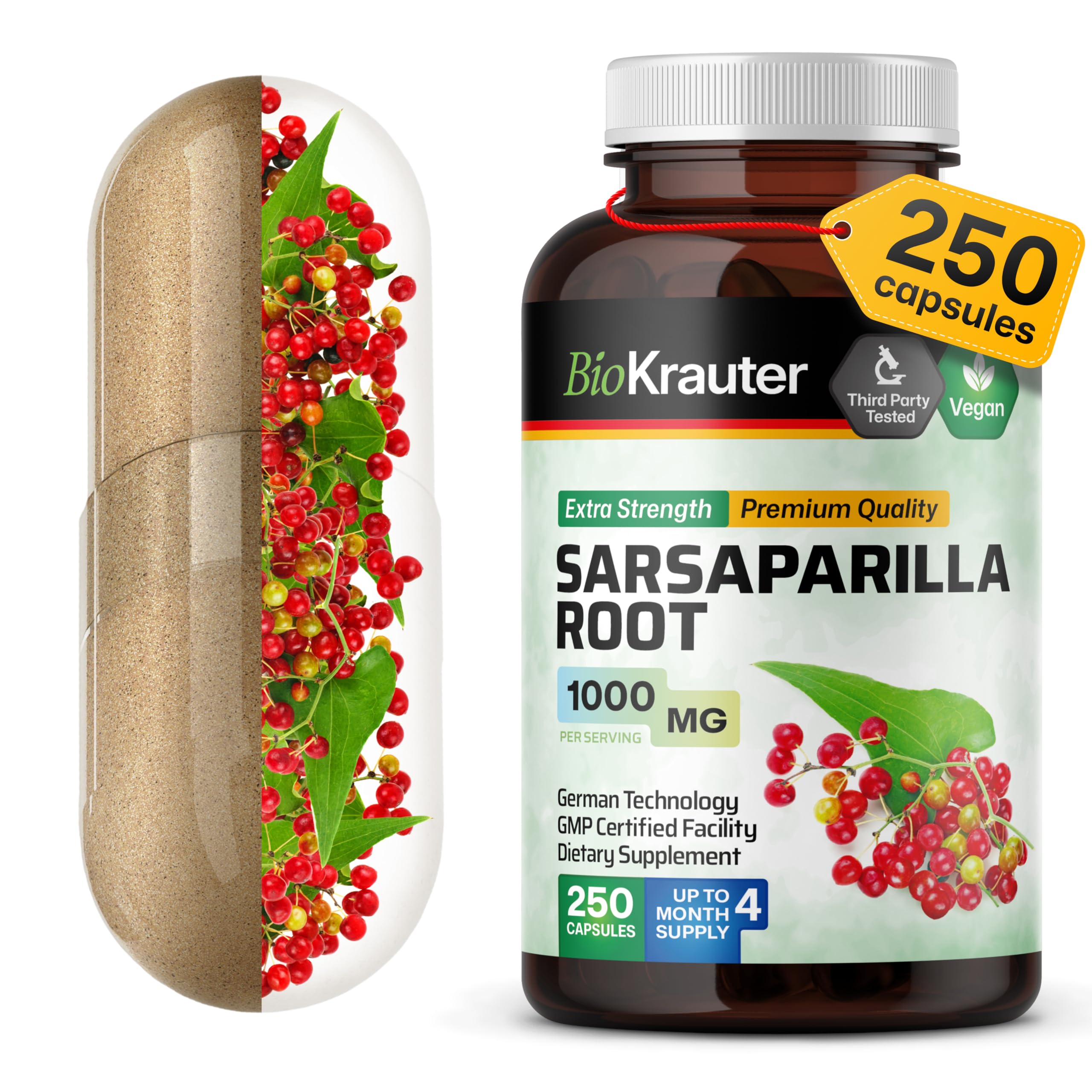 BIO KRAUTER Sarsaparilla Root Capsules bottle showing 1000 mg strength for detox support