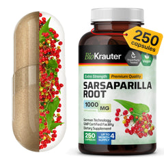 BIO KRAUTER Sarsaparilla Root Capsules bottle showing 1000 mg strength for detox support