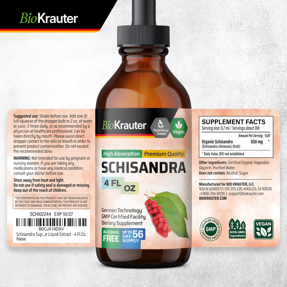 Back label showing 4 Fl Oz (118 ml) for BIO KRAUTER Schisandra Berry Drops