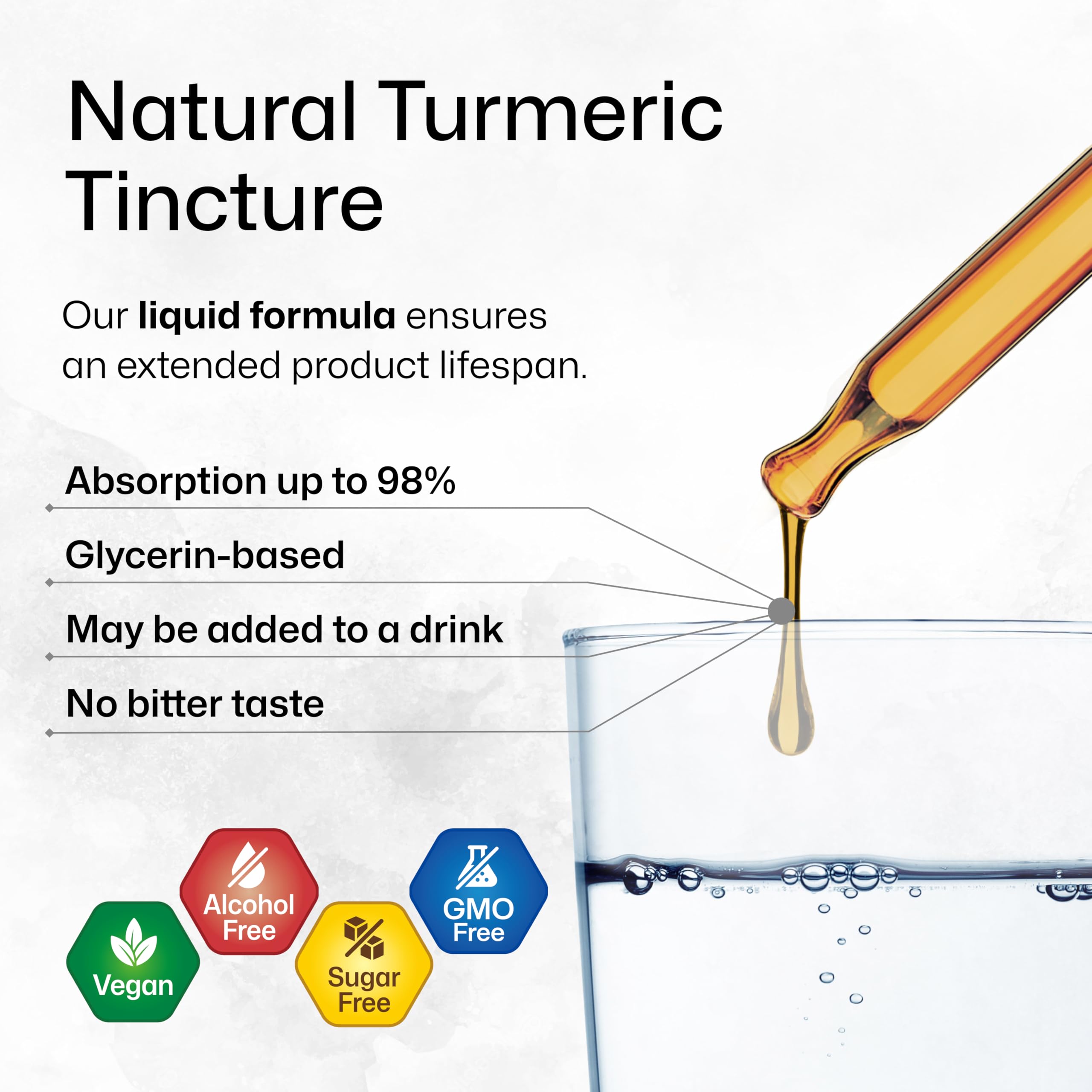 Ingredient panel featuring turmeric, glycerin, and water