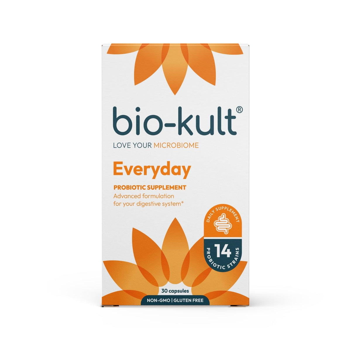 Bio-Kult probiotic bottle displaying 14 strains and 30-count