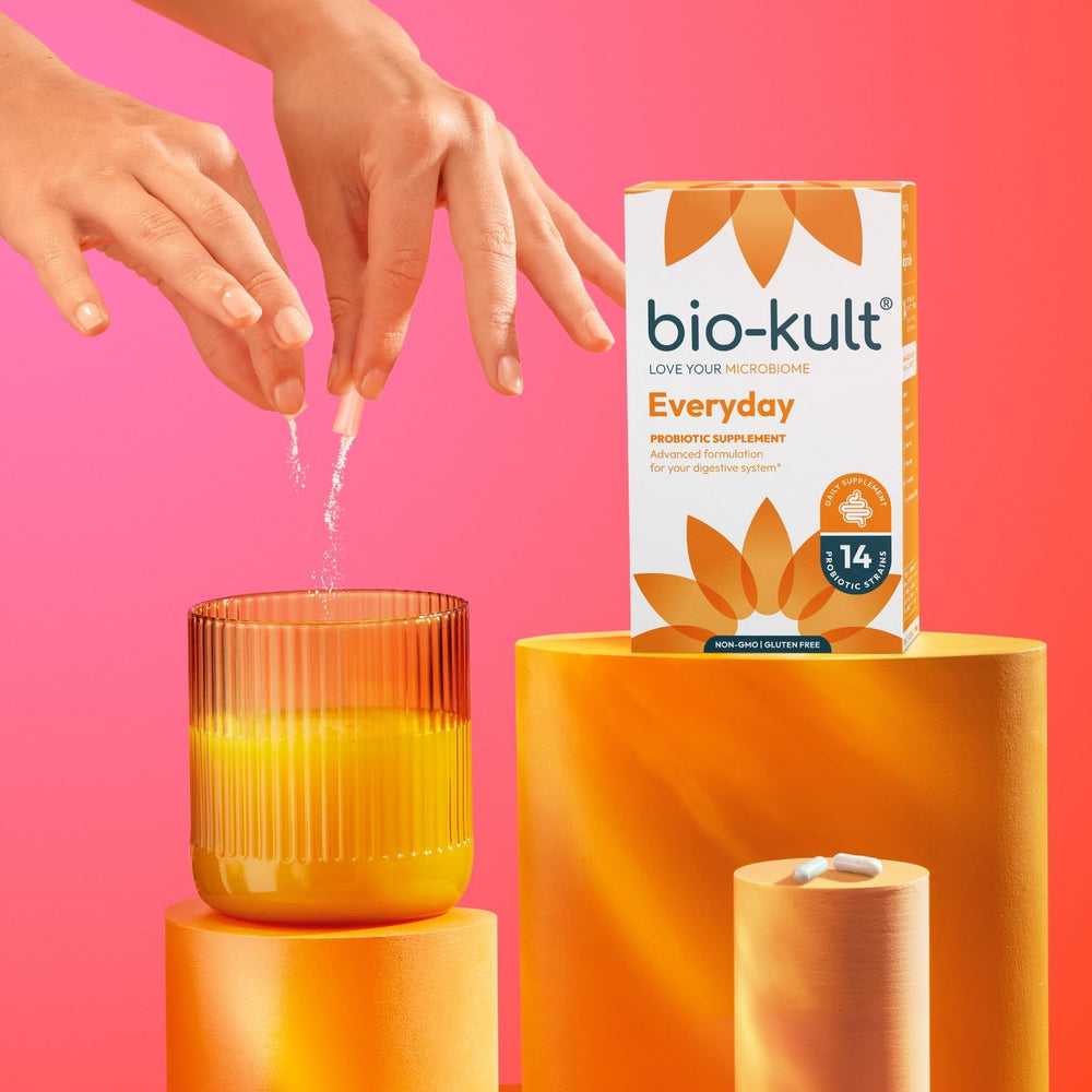 Shelf-stable Bio-Kult packaging indicating no refrigeration needed