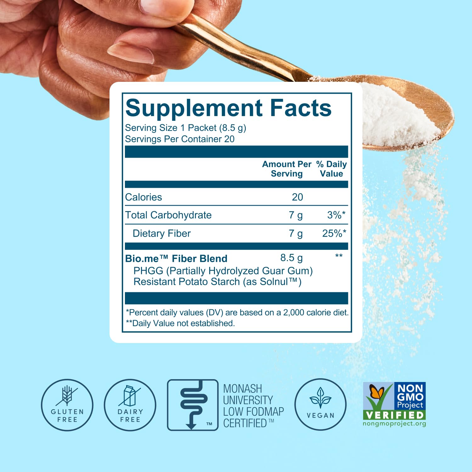 Nutrition facts panel of Bio.me Daily Prebiotic Fiber Powder