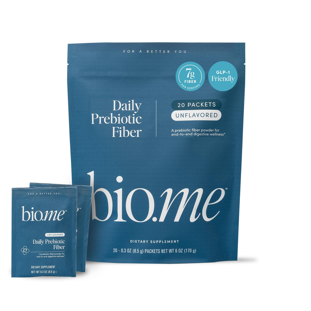 Bio.me Daily Prebiotic Fiber Powder Unflavored 20 travel packs front view