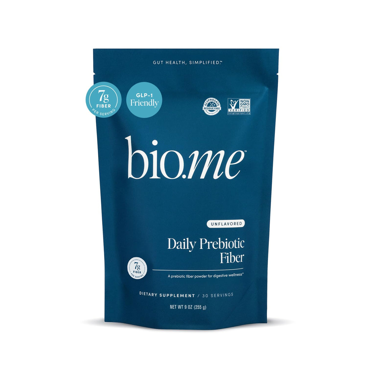 Bio.me Daily Prebiotic Fiber Powder unflavored canister label