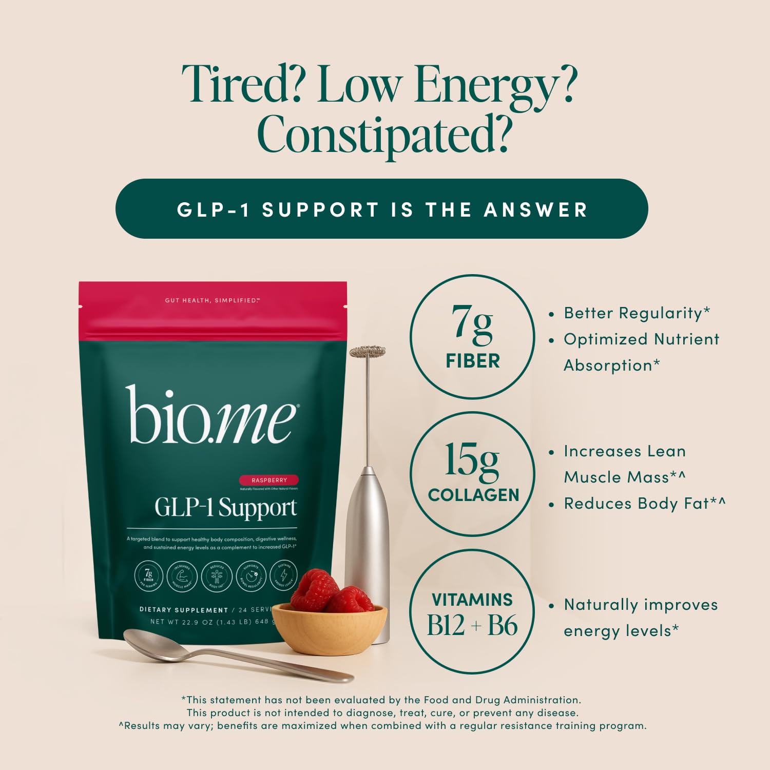 Bio.me GLP-1 Support label highlights fiber and enzymes for digestion