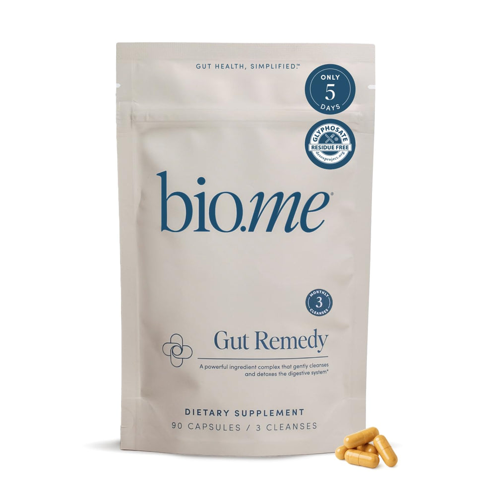 Bio.me Biome Gut Remedy Capsules pack shot for a convenient monthly cleanse option.