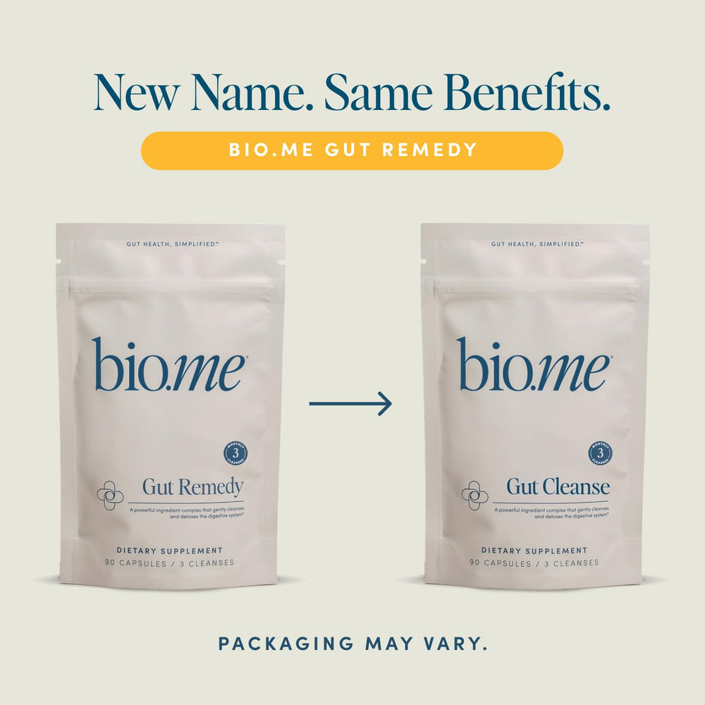 Bio.me Biome Gut Remedy packaging on shelf conveys trustworthy gut support.