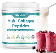 BIO NUTRI Collagen Peptides Powder bottle front view, unflavored 16oz