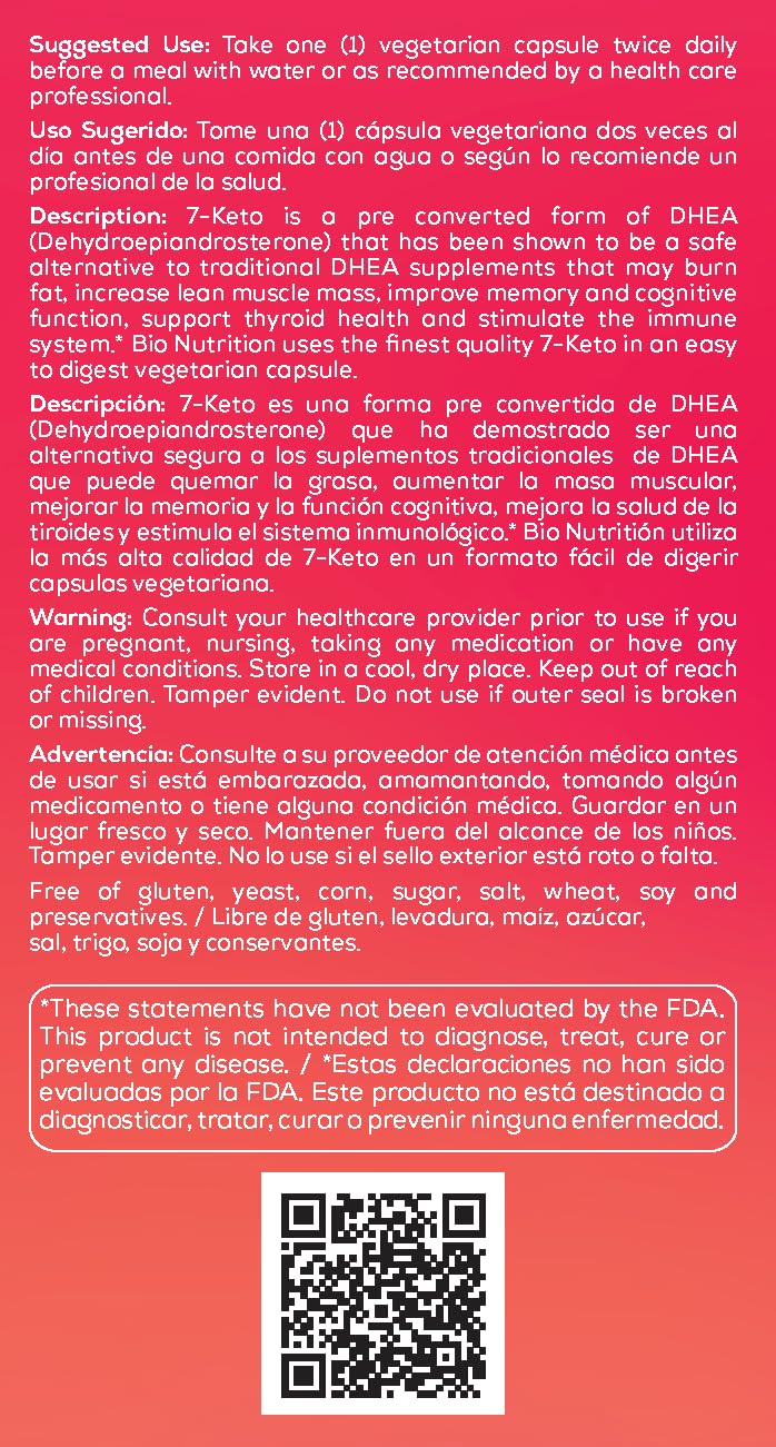 Bio Nutrition 7-Keto DHEA 50 mg dietary supplement bottle label